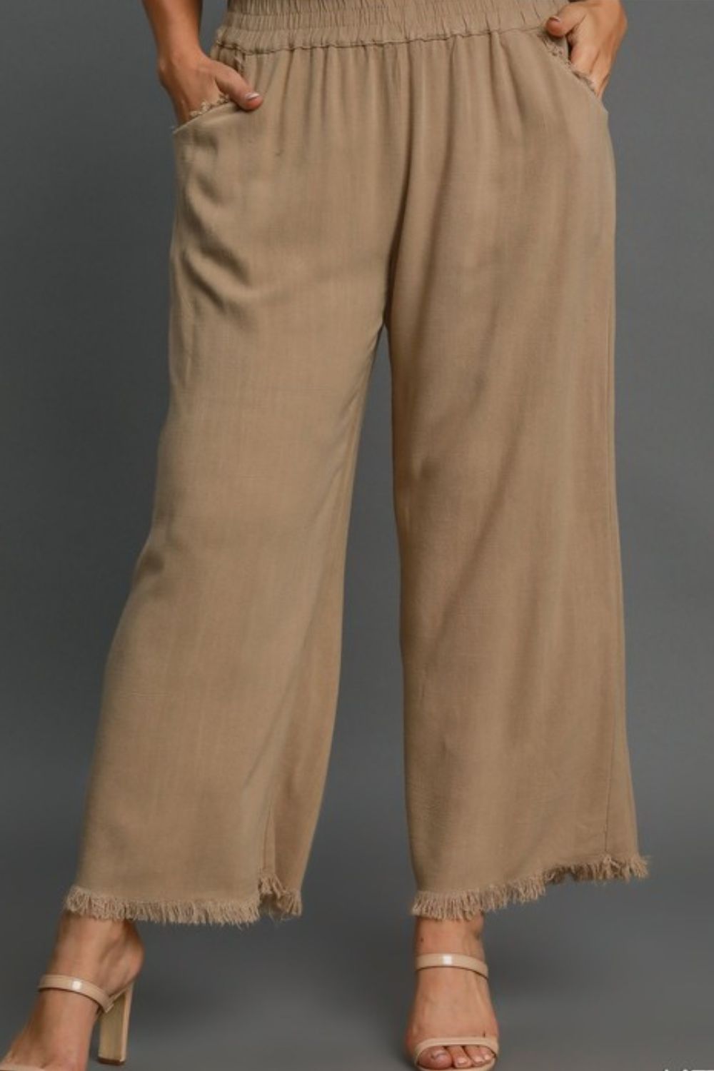 Umgee Full Size Linen Blend Elastic Waistband Wide Leg Pants Plus Size