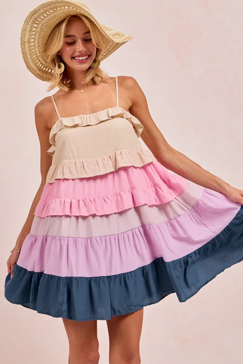 BiBi Color Blocked Tiered Dress CREAM PINK LILC TEAL