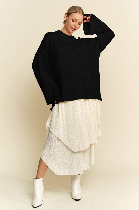 Davi & Dani Black High-Low Round Neck Drop Shoulder Sweater