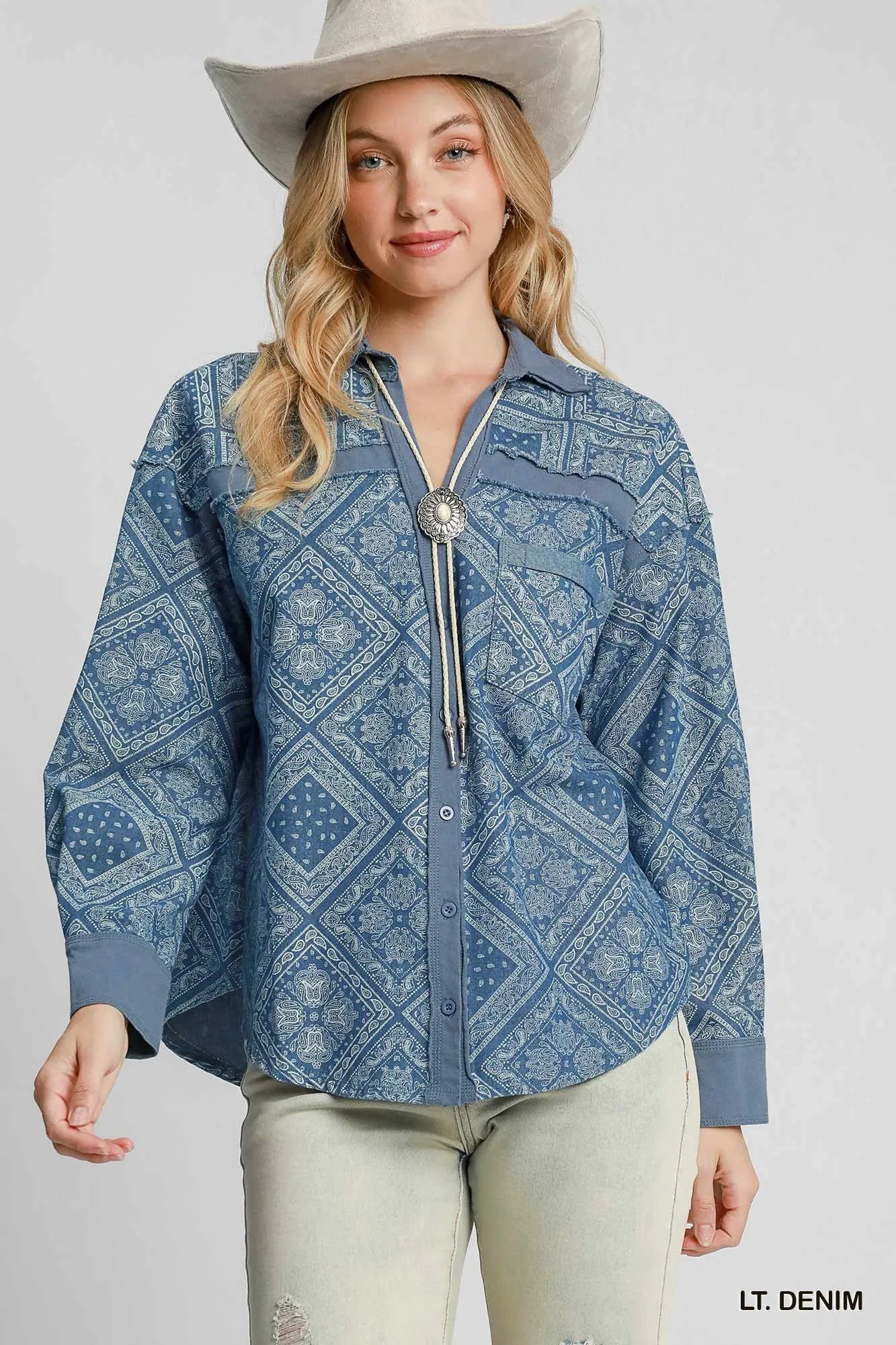Umgee Light Denim Paisley Print Denim Shirt Jacket LT. DENIM