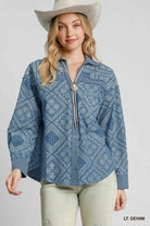 Umgee Light Denim Paisley Print Denim Shirt Jacket LT. DENIM