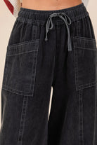Mittoshop Black Mineral Washed Wide Leg Elastic Waist Twill Pants