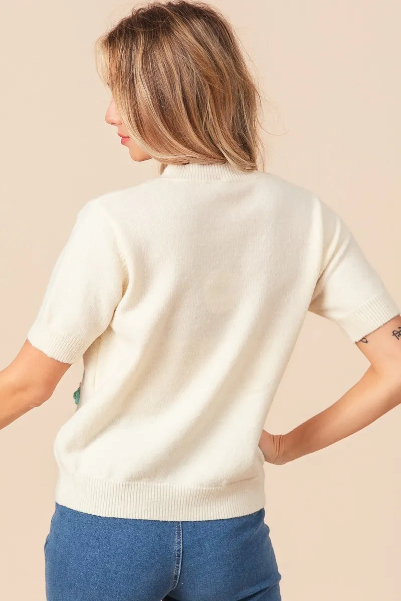 BiBi Ivory Crochet Flower Patch Sweater Top