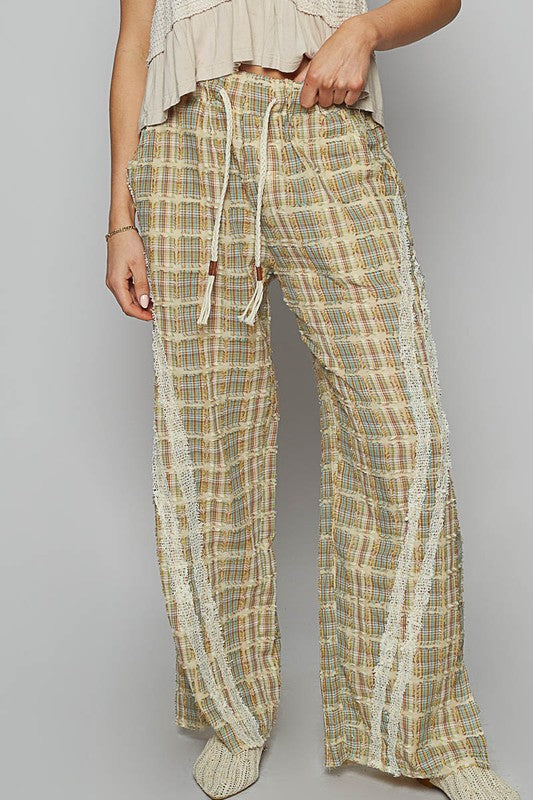 POL Lace Trim Drawstring Checkered Wide Leg Pants in Sage
