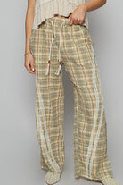 POL Lace Trim Drawstring Checkered Wide Leg Pants in Sage Sage