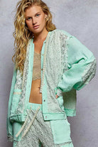 POL Pale Mint Exposed Seam Button Down Hooded Jacket with Lace Detail PALE MINT