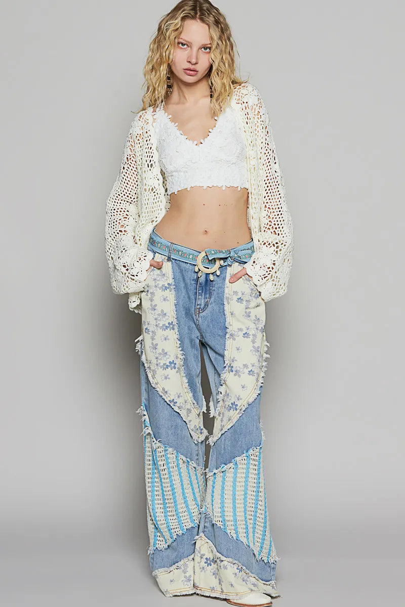 POL Ivory Floral Patch Crochet Open-Front Cardigan