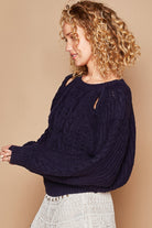 POL Navy Cable Knit Keyhole Cutout Balloon Sleeve Sweater Trendsi