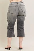 Judy Blue Grey Washed High Waist Front Pocket Embroidered Wide Cropped Leg Denim Jeans