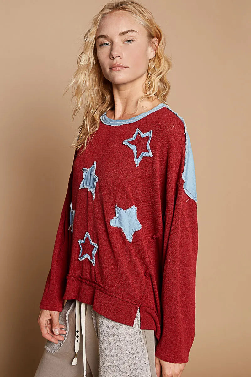 POL Dark Red Exposed Seam Relaxed Fit Sweater with Star Denim Patches