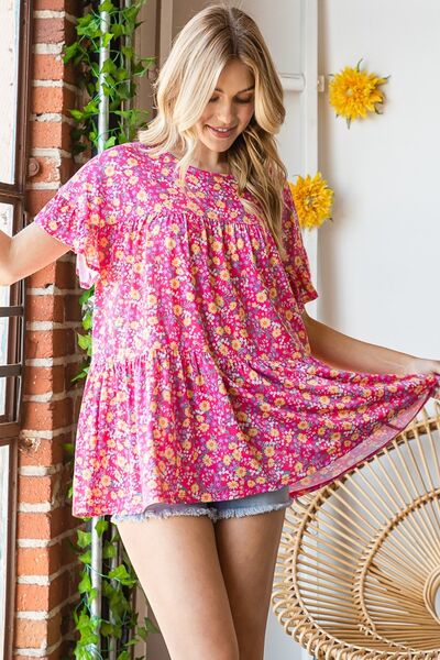 Heimish Ruffled Short Sleeve Floral Tiered Blouse