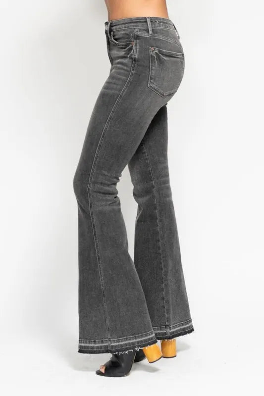 Judy Blue Gray Midi Rise Tummy Control Washed Gray Release Hem Flare Jeans