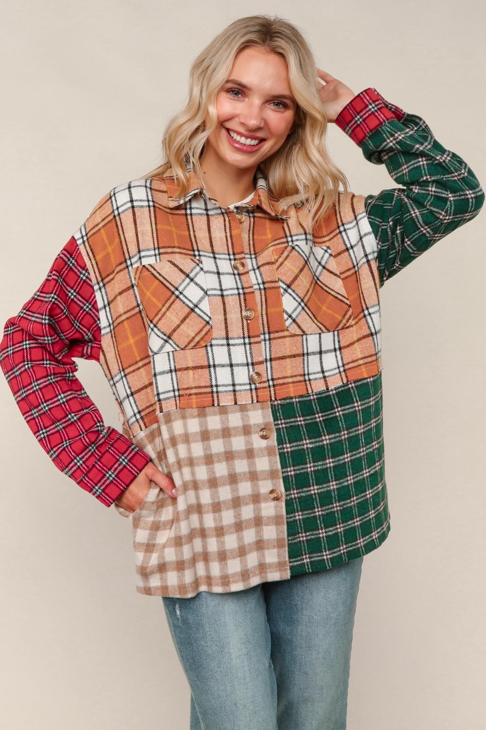 Haptics Loose Fit Multi Color Plaid Flannel Jacket with Pocket