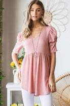 Heimish Rose Waffle Knit V-Neck Babydoll Top Trendsi