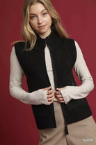 Umgee Black Zip-Up Sweater Vest with Ribbed Trim Black