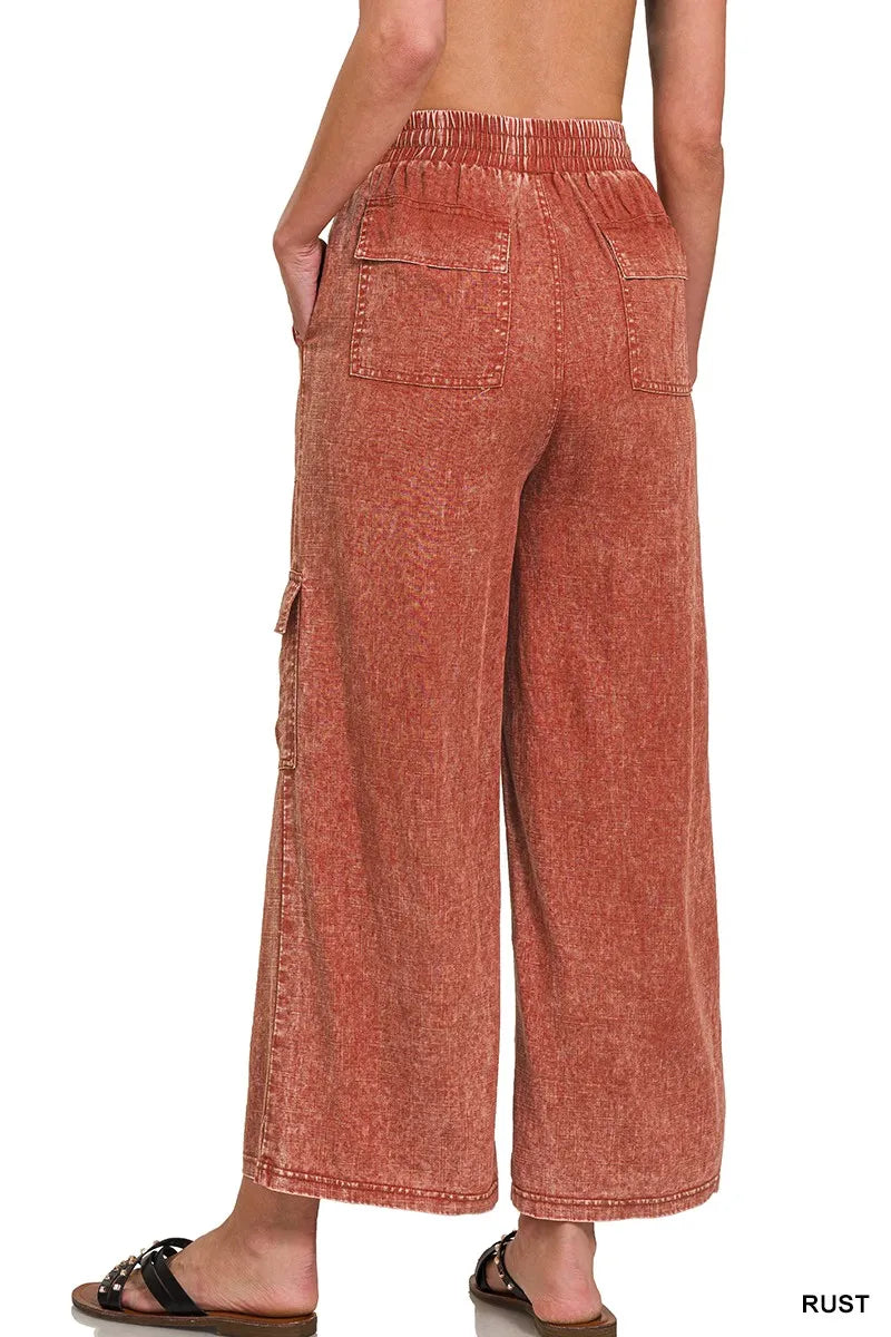 Zenana Rust Washed Linen Elastic Band Waist Cargo Pants