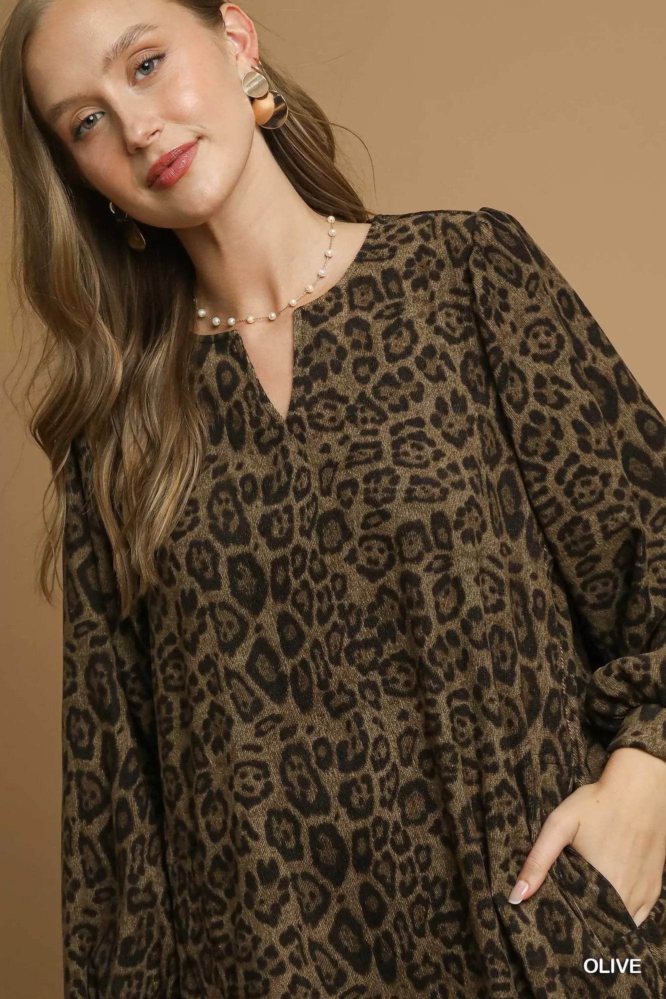 Umgee Olive Leopard Print Long Sleeve Swing Dress