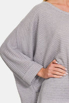 Zenana Grey Waffle Knit V-Neck Long Sleeve Slit Top Trendsi