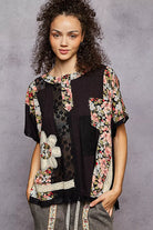 POL Black Lace Round Neck Short Sleeve Floral Pattern Top with Patch Detail Black