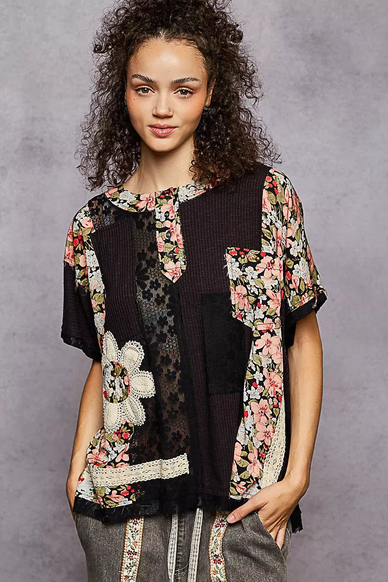 POL Black Lace Round Neck Short Sleeve Floral Pattern Top with Patch Detail Black