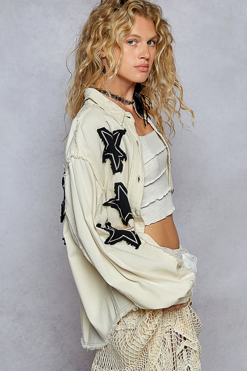 POL Cream Star Patch Raw Hem Button Up Twill Denim Ballon Sleeve Jacket