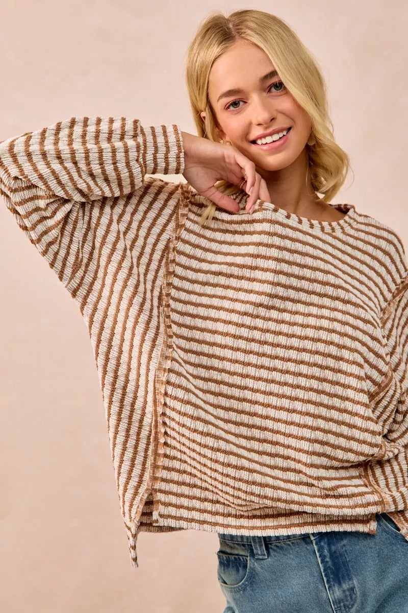 BiBi Camel Open Seam Detail Textured Stripe Knit Top