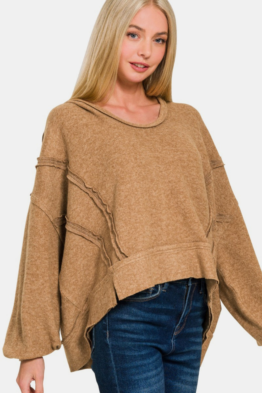 Zenana Deep Camel Brushed Hacci Exposed Seam Hoodie Deep Camel Trendsi