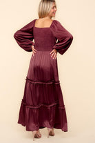 Haptics Wine Satin Front Overlap Smocked Back Maxi Dress Dresses