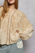 POL Almond Embroidery Button Down Long Sleeve Bohemian Washed Shirt