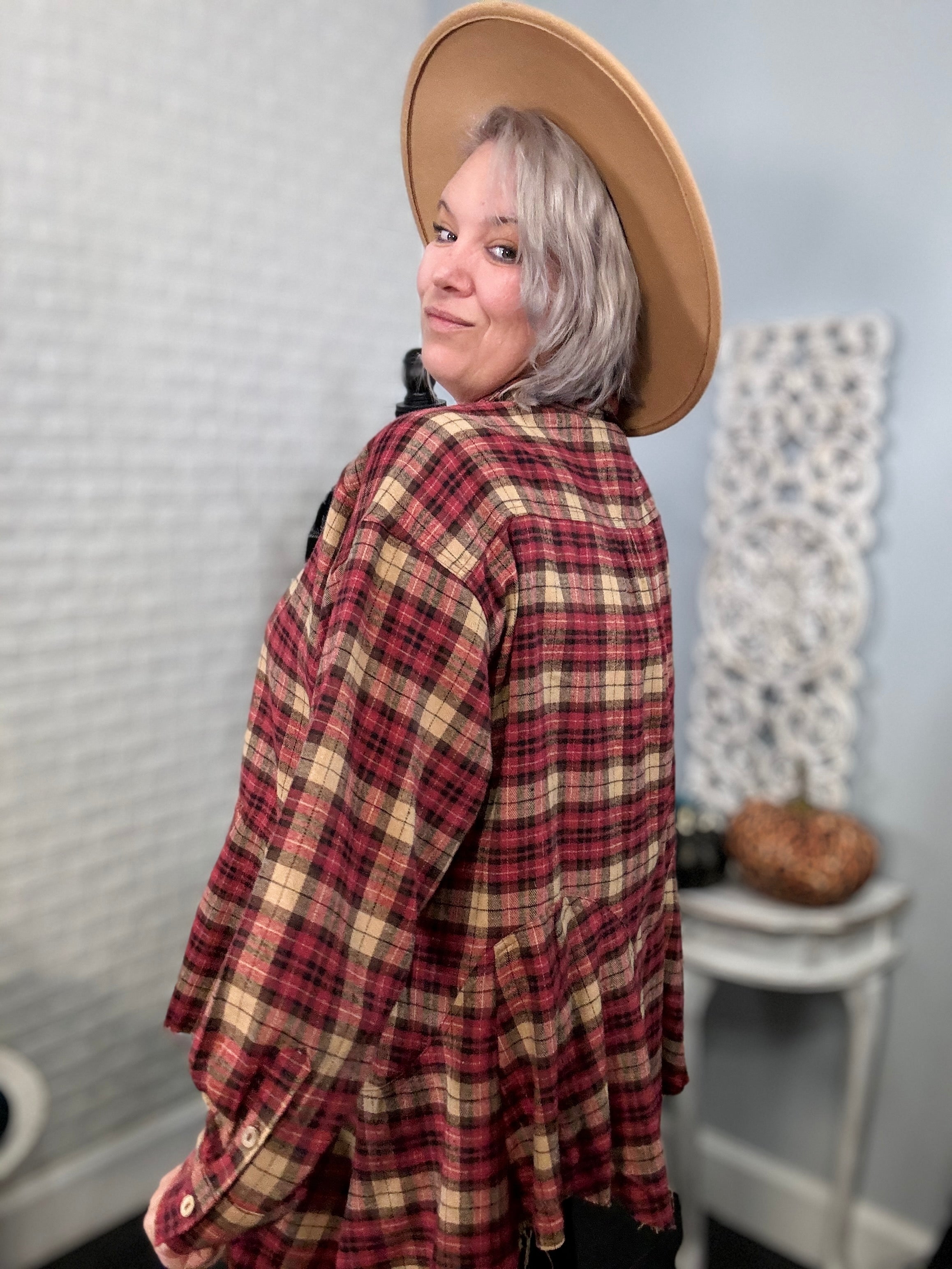 Haptics Burgundy/Taupe Plaid Button Down Sharkbite Shirt Trendsi