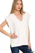 Zenana Ivory Ribbed Slit V-Neck Sweater Vest