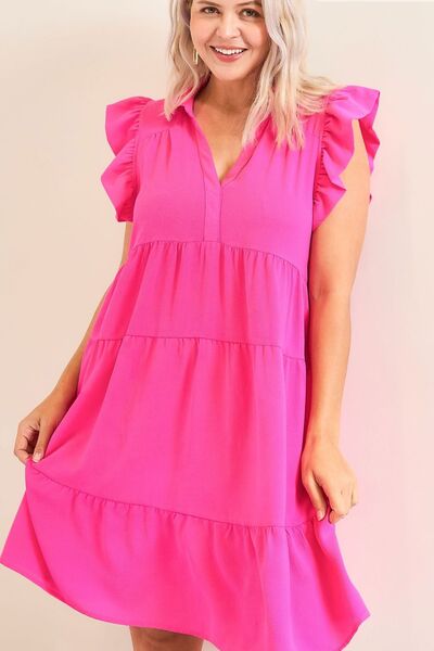 Umgee Hot Pink Johnny Collar Ruffle Cap Sleeve Tiered Dress Dresses