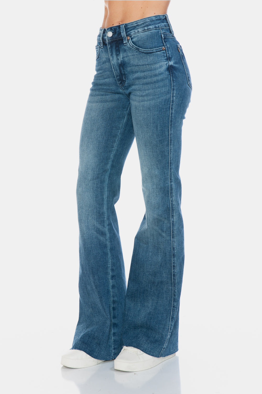 Judy Blue Medium Washed Tummy Control Cut Hem Flare Jeans Trendsi