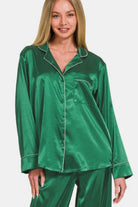 Zenana Hunter Green Satin Long Sleeve Shirt and Pants Pajama Set Trendsi