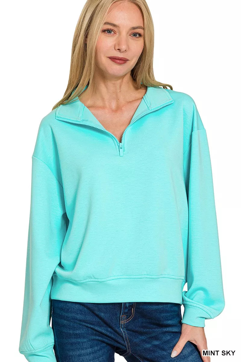 Zenana Mint Sky Scuba Half Zip Pullover Sweatshirt