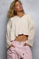 POL Blush Mix Thermal Floral Pattern Quilted Knit Cropped Top with Raw Edge Detail