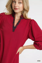 Umgee Wine French Terry Ruffle Hem Dress with Plaid Trim