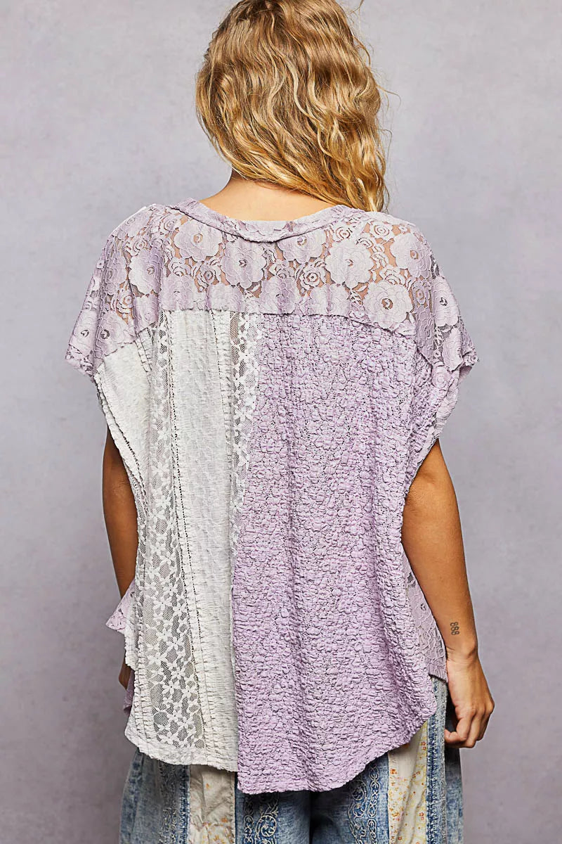 POL Lavender Asymmetrical V-Neck Short Sleeve Lace Top
