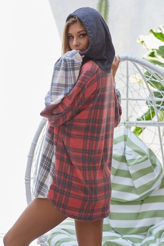 BiBi Pretty in Plaid Brushed Hacci Color Block Hoodie Shirts & Tops