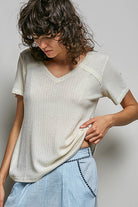 POL Natural Lace Detail V-Neck Short Sleeve Textured T-Shirt