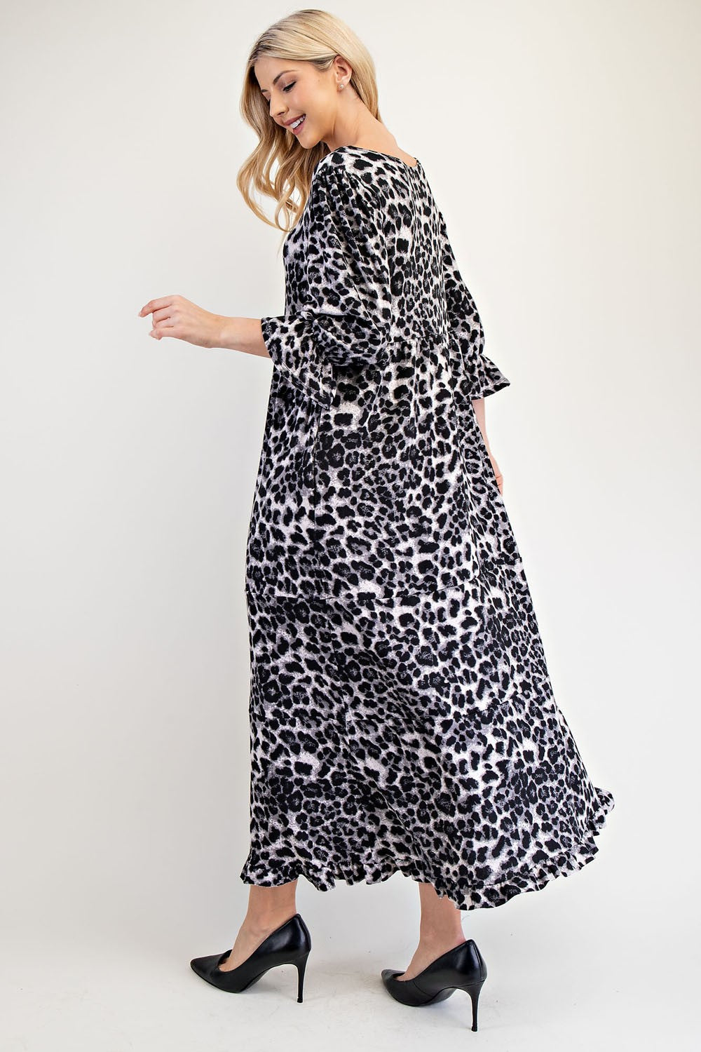 Celeste Gray Leopard Print Round Neck Flounce Sleeve Dress Dresses