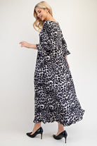 Celeste Gray Leopard Round Neck Flounce Sleeve Dress