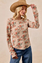 BiBi Taupe Floral Print Washed Waffle Thermal Top with Thumb