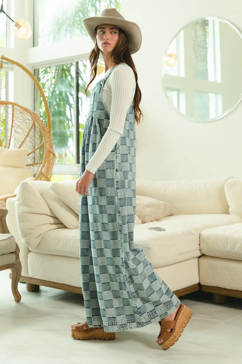 BiBi Denim Washed Vintage Checker Wide Legs Overalls