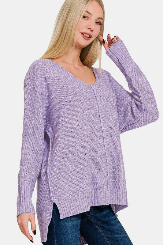 Zenana Lavender High-Low Center Seam V-Neck Sweater Shirts & Tops