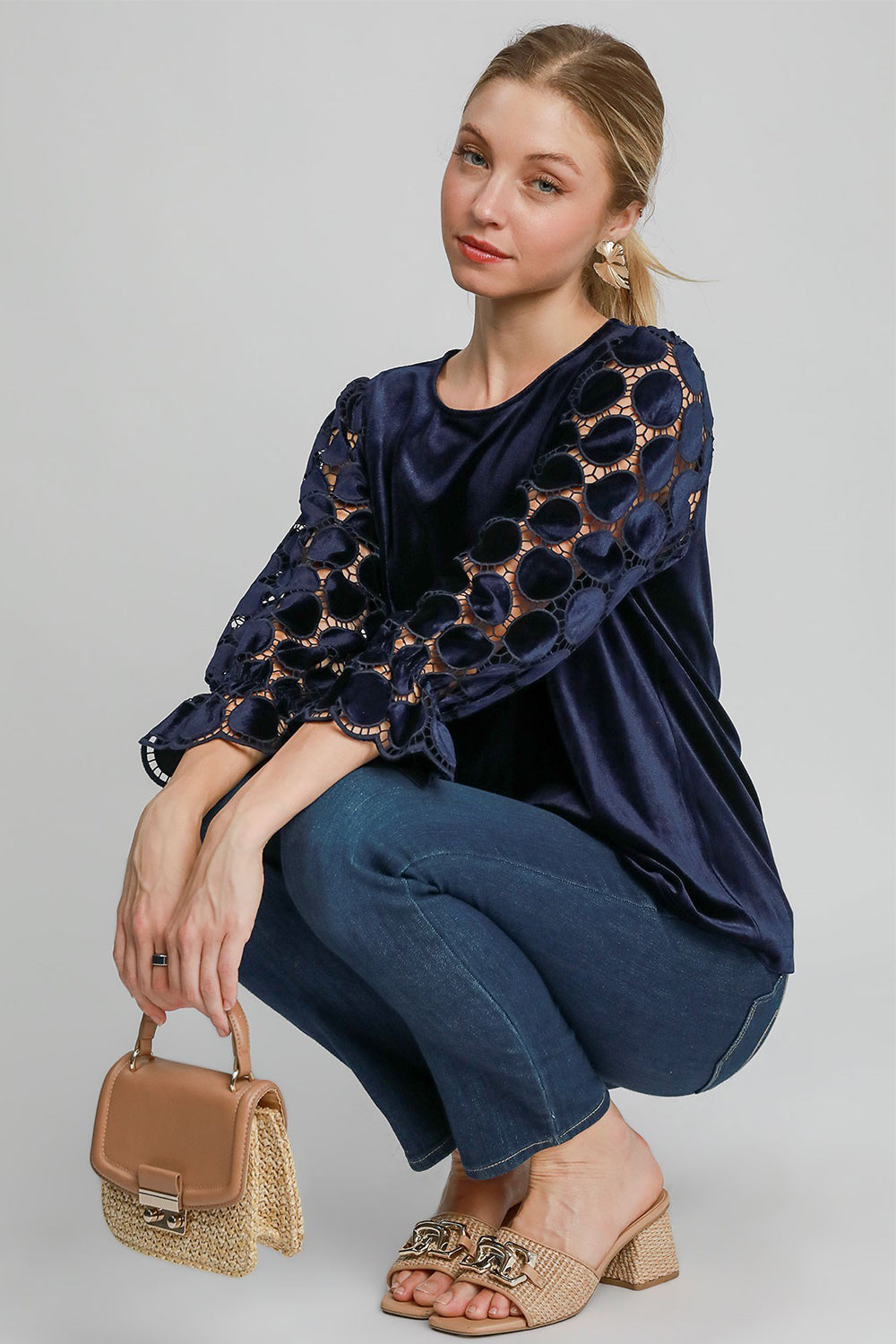 Umgee Navy Velvet Polka Dot Lace Long Sleeve Round Neck Blouse Shirts & Tops