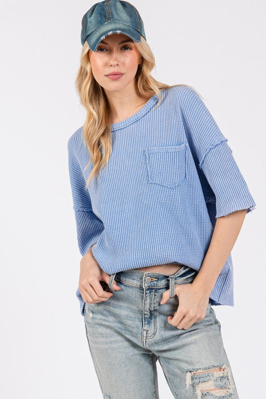 SAGE + FIG Periwinkle Exposed Seam Round Neck Half Sleeve T-Shirt