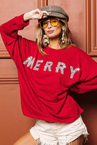 BiBi Red Merry Glitter Christmas Drop Shoulder Top