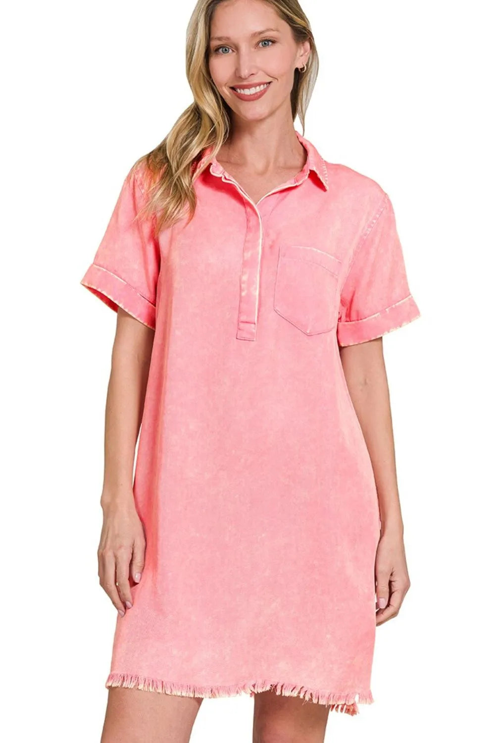 Zenana Tencel Mineral Washed Collared Shirts Dress DK PINK