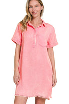 Zenana Dark Pink Tencel Mineral Washed Collared Shirts Dress DK PINK